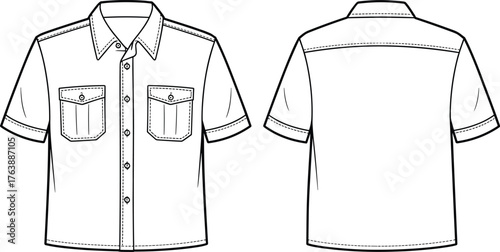 Front and back flat technical sketch of short sleeve button-up shirt with flap chest pockets, collar, cuffed sleeves, and detailed stitching design