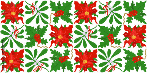 vector art flat design illustration holiday spirit happy new year floral decoration red green white repeating tileable banner greeting card template