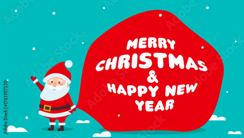 On a green background, Santa Claus appears with a large red bag. The text of Merry Christmas and New Year appears on the bag.