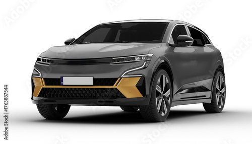 Transparent background, a gray colored modern electric suv car at a front left angle, showcasing its aerodynamic lines and modern styling in a high-quality 3D render.