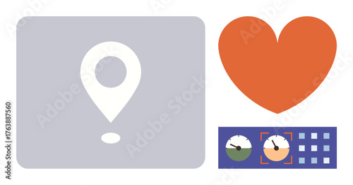 Location pin, orange heart, data gauges, and grid represent navigation, emotional connection, analysis, monitoring, and planning. Ideal for travel technology health data precision analytics