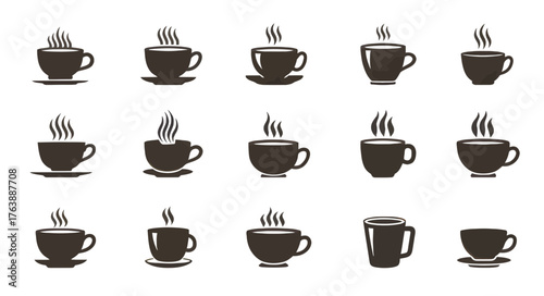 Collection of dark brown coffee cup icons with steam