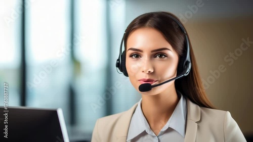 Smiling customer service representative assists clients from modern office space during daytime