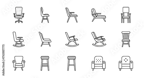 Collection of diverse chair and stool icons in a simple line art style