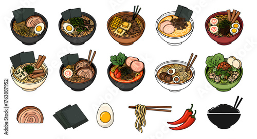 Collection of delicious ramen bowls and ingredients