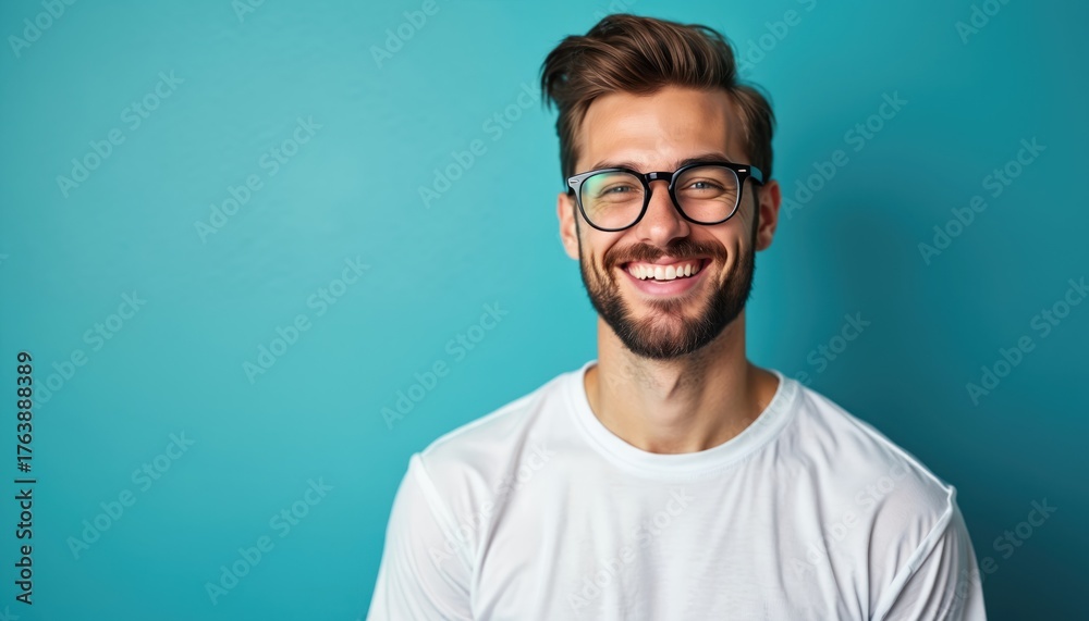 Obraz premium Young man with beard and glasses smiles. He wears white t-shirt. Man has brown hair. He stands against bright blue background. Portrait of happy male with cheerful expression.