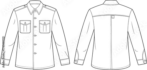 Long sleeve button down shirt fashion flat sketch, front and back technical drawing, vector apparel design template with pockets, outline illustration for clothing brand