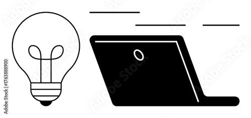 Lightbulb beside an open laptop signifies creativity, progress, and technology. Ideal for innovation, strategy, productivity, startup, education brainstorming and digital solutions. Simple flat