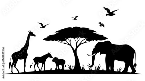 African savanna landscape silhouette with giraffes elephants tree and birds flying