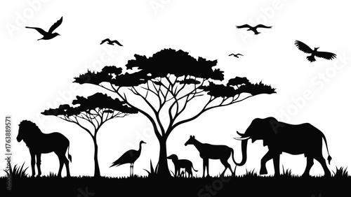 African savanna landscape with silhouette animals and trees under a white sky