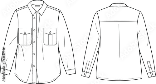 Long sleeve button up shirt fashion flat sketch, front and back technical drawing, vector apparel design template, outline illustration for clothing brand