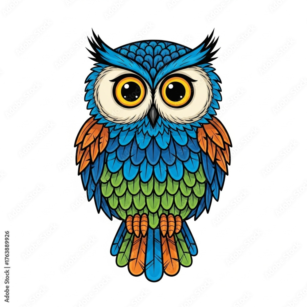 Fototapeta premium Colorful Cartoon Owl Illustration on White Background, Cute and Whimsical Art Style for Children's Book Illustration, Educational Materials, and Graphic Design Projects