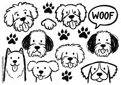 Vector art of hand drawn doodle set with cute dog faces and paw prints