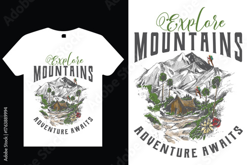  Adventure Mountains T-Shirt Design with Vintage Landscape Illustration and Motivational Typography