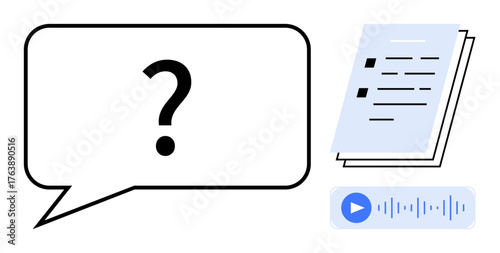 Question mark in speech bubble, text document stack, and audio waveform with playback button. Ideal for communication, inquiry, education, technology, learning, presentations and minimal visual