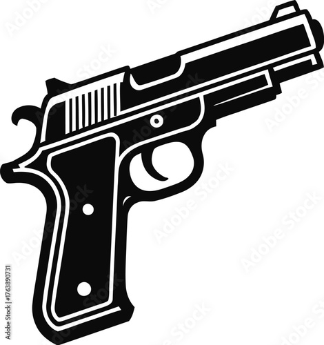 Black metal handgun and bullets isolated on a white background, a symbol of security or crime