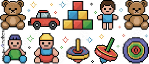 This image displays a charming collection of pixel art toys, including teddy bears, a car, building blocks, dolls, and spinning tops. 