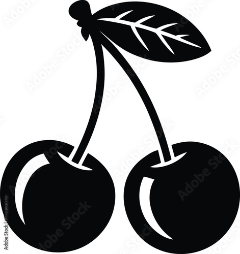 Vector illustration of two fresh ripe cherries with a green leaf on a stem, perfect for a sweet summer food design