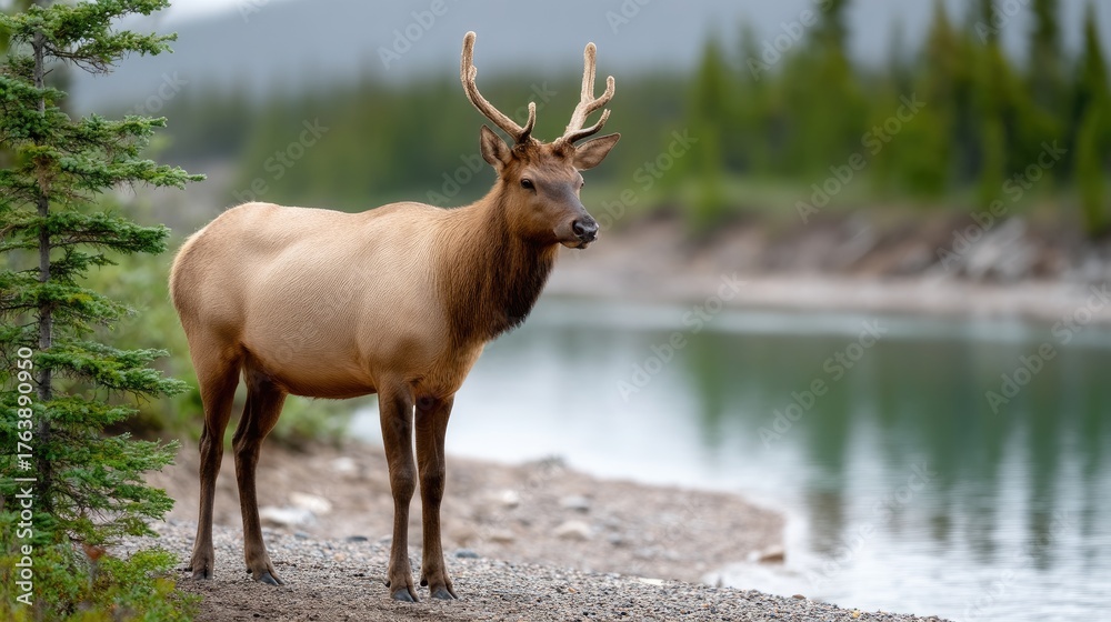 Fototapeta premium A deer gazes at the calm water, framed by vibrant autumn foliage and serene forest scenery, creating a peaceful atmosphere