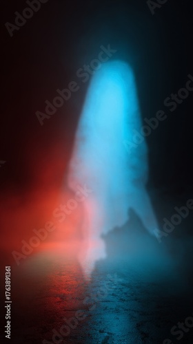 Light Beam Shines Through Fog With Blue and Red Colors in a Dark Setting at Night