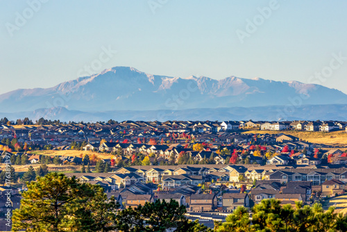 Colorado Living. Centennial, Colorado - Denver Metro Area Residential Autumn Panorama with the view of the Front Range mountains in the distance