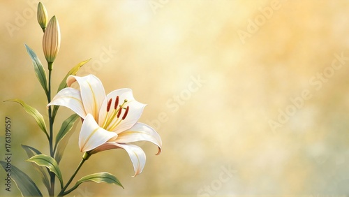 White lily flower on blurred colorful background with copy space