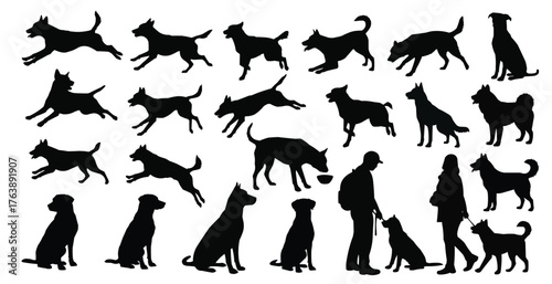 Collection of dog silhouettes in various poses isolated on white background