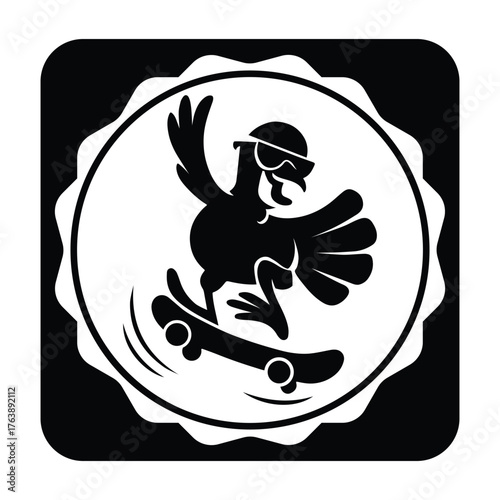 Illustration of a chicken wearing sunglasses skateboarding isolated on white background