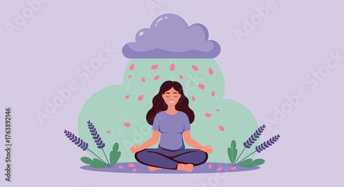Discover ultimate peace and inner calm as a woman finds serenity meditating under a gentle petal shower, perfect for promoting wellness and tranquillity.