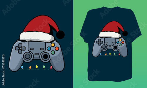 Funny Christmas gamer controller with Santa hat | Cute festive gaming vector illustration