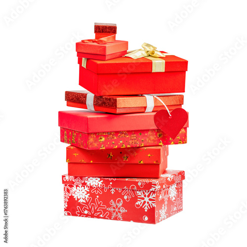 Stack of red and gold gift boxes decorated with ribbons and bows, symbolizing celebration, joy, and holiday spirit, isolated 