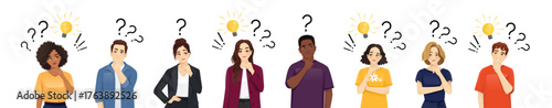 Set of thoughtful people. Vector illustration of cartoon men and women thinking, planning, or pondering with question marks and light bulbs.