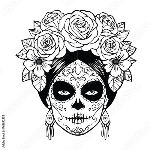La catrina sugar skull woman with elaborate floral headdress and detailed day of the dead makeup in line art.