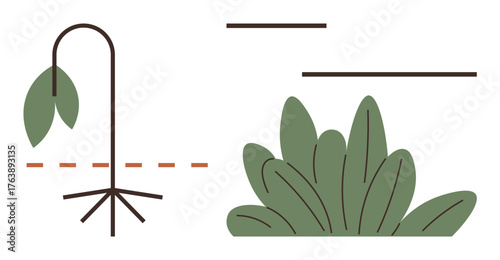 Wilted plant with drooping leaf contrasts vibrant green bush. Ideal for themes thumbs up growth, decline, nature, sustainability, resilience, renewal, environment. Simple flat metaphor