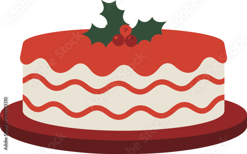 Festive christmas cake with red icing and holly decoration