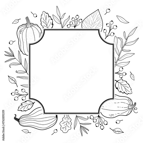 Autumn square frame. Postcard template with foliage, pumpkin and fruits in doodle style.