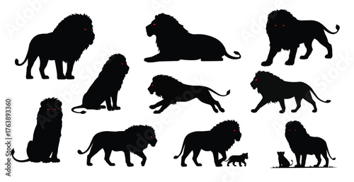 Collection of lion silhouettes in various poses, isolated on white background