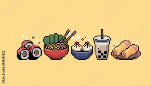 A vibrant horizontal arrangement showcases popular Asian food items in a charming pixel art style. Sushi rolls, ramen, bao buns, bubble tea, and spring rolls are meticulously rendered