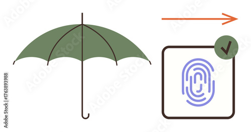 Green umbrella symbolizes protection fingerprint authentication with checkmark conveys security and access. Ideal for safety, privacy, cybersecurity, technology, approval, trust, protection. Simple