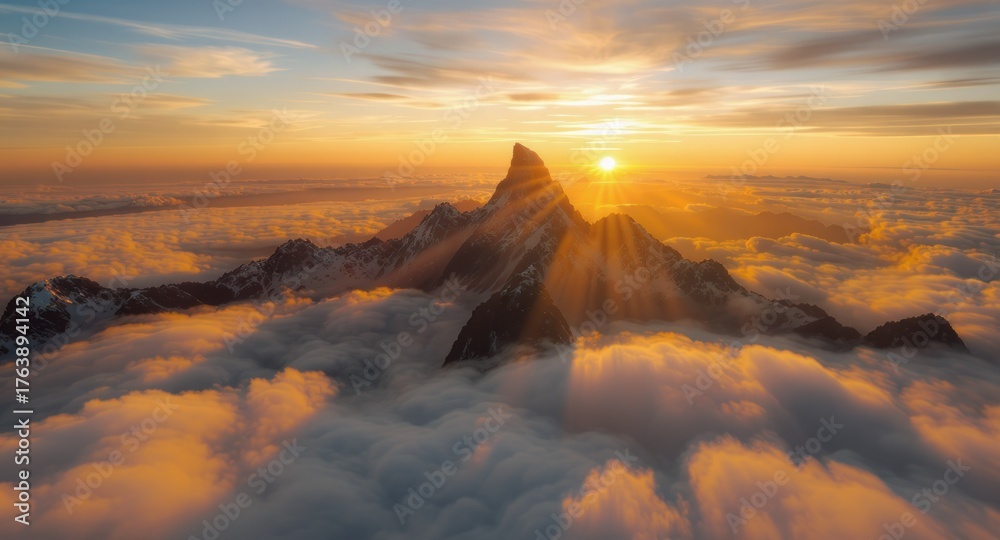 Fototapeta premium A dramatic, sunlit mountain peak pierces through a sea of clouds during a fiery sunrise