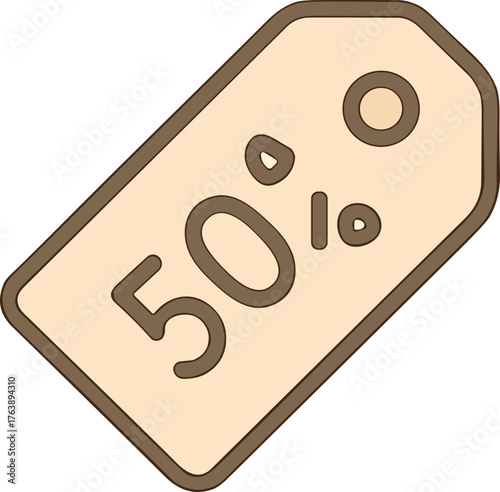 A simple beige discount tag icon displaying "50%" in a bold brown outline, symbolizing a sale or special offer.