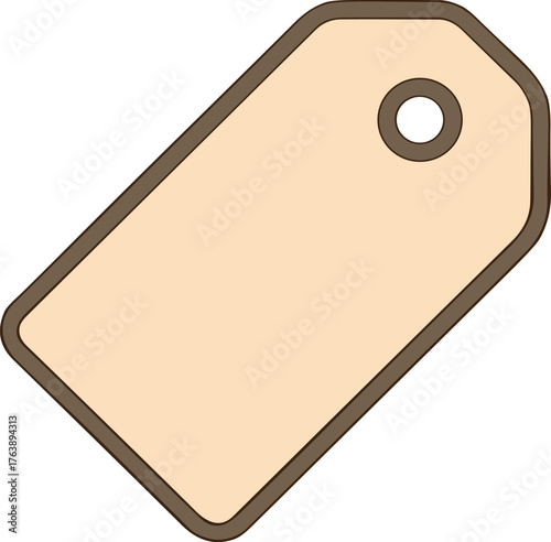 A simple beige blank price tag icon with a rounded rectangular shape and a hole for attaching, outlined in brown.