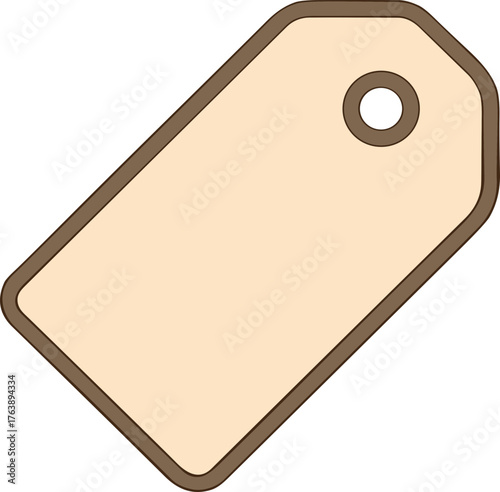 A simple beige blank price tag icon with a rounded rectangular shape and a hole for attaching, outlined in brown.