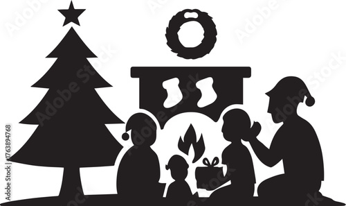 A family decorates a christmas tree with ornaments and a star topper,  fireplace during holiday celebration, fatter, mother, children's , enjoy Chrismas holiday