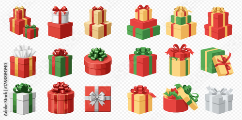 A collection of colorful Christmas presents with bows, stacked and arranged in a grid on a transparent background.