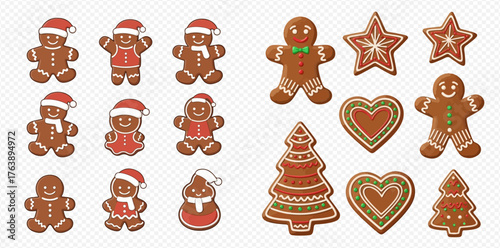 Festive gingerbread cookies in various shapes and Christmas attire, arranged on a transparent background.