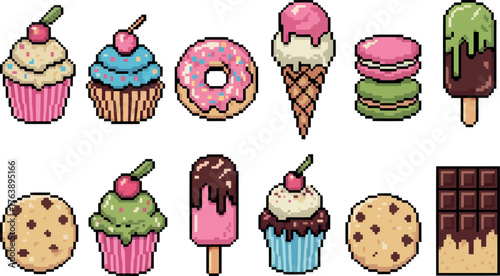 This image presents a delightful array of pixel art desserts, including cupcakes, a donut, ice cream, macarons, popsicles, cookies, and chocolate.