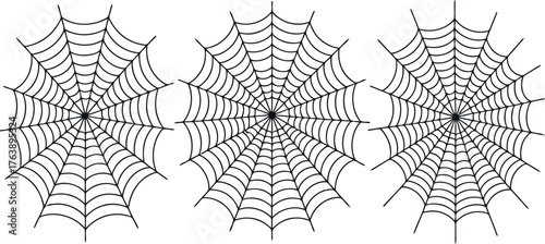 Three perfectly circular and symmetrical spiderwebs are displayed side-by-side on a plain background. 