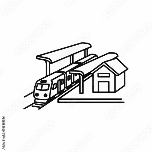 Modern train arriving at a station with shelter and building