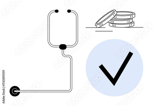 Medical IV bag with tubing, stacked coins signifying financial savings, and a checkmark in a blue circle. Ideal for healthcare funding, savings, insurance, approval, support, financial aid